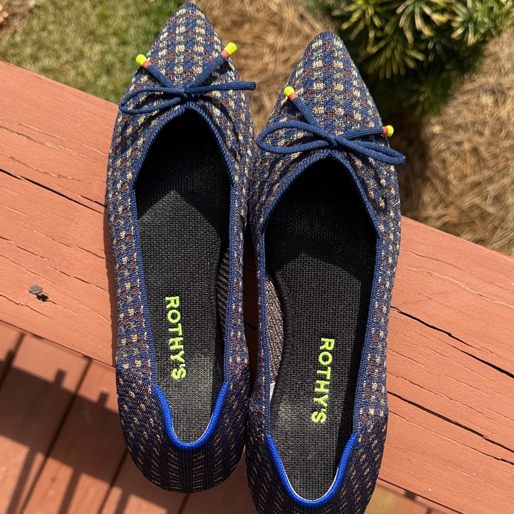 Rothy's Navy Tweed Pointed Ballet Flats with Neon Accents